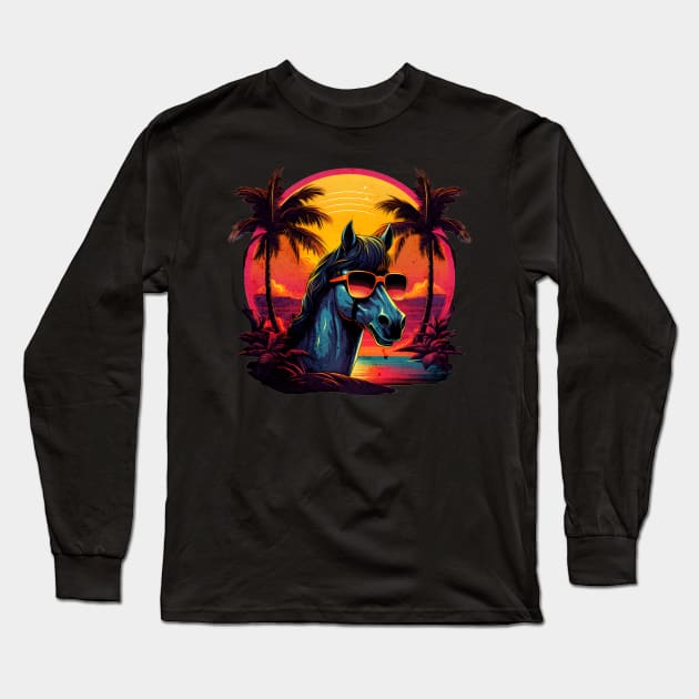 Retro Wave Arabian Horse Miami Long Sleeve T-Shirt by Miami Neon Designs